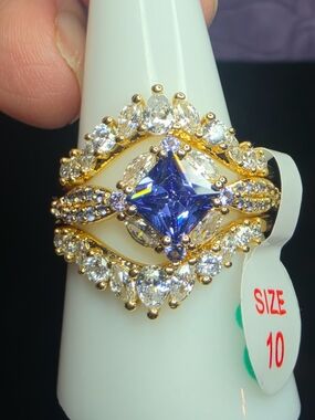 BP Gold Statement Ring with Amethyst Pincess Cut Center Stone and 2 Accent Bands
